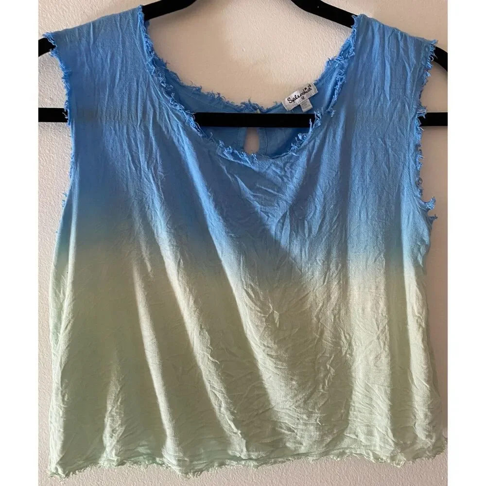Splendid Fray Trim Blue Green Tie Die Sleeveless Shirt Top Juniors Sz 12